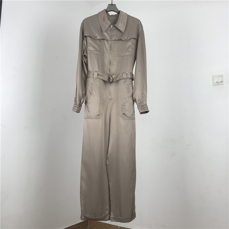 连体裤女2020新款秋高腰腰带显瘦口袋长袖卷边休闲时尚阔腿连衣裤|ms