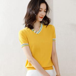 Ice silk T-shirt women V-neck thin T-Shirt Top thin short sleeve base coat