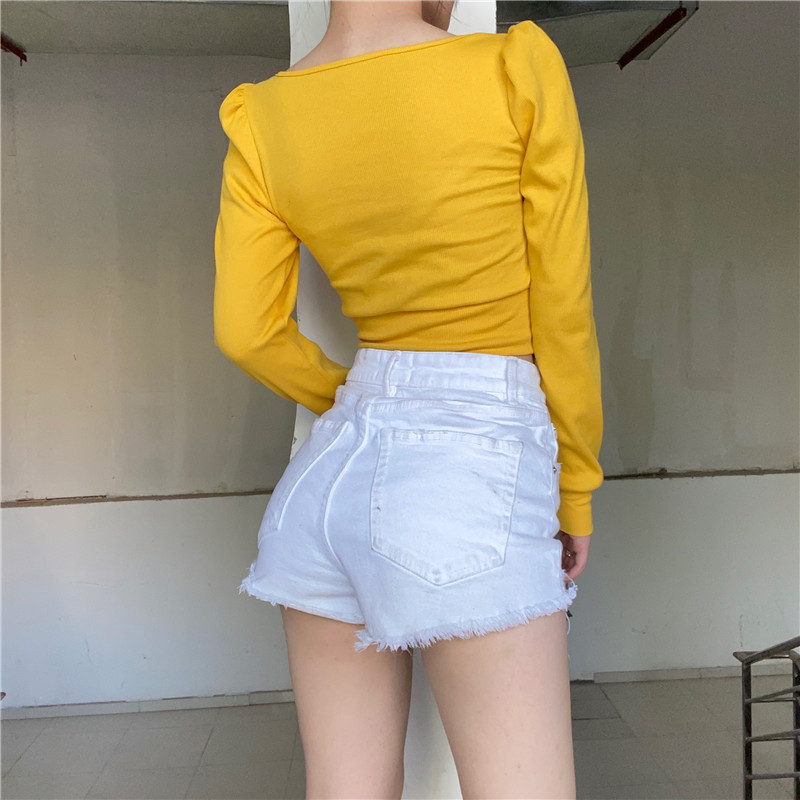 spring and autumn new solid color short cropped V-neck long-sleeved shirt  NSMEI55077