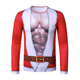 新款男士圆领3D圣诞老人服装印花长袖T恤 T27