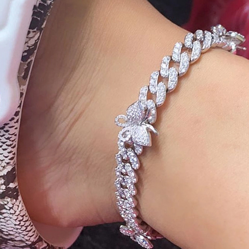 Punk Style Micro-Embedded Small Butterfly Anklet Hip-Hop 3 Butterfly Cuban Anklet European and American Buckle Foot Ornaments Anklet