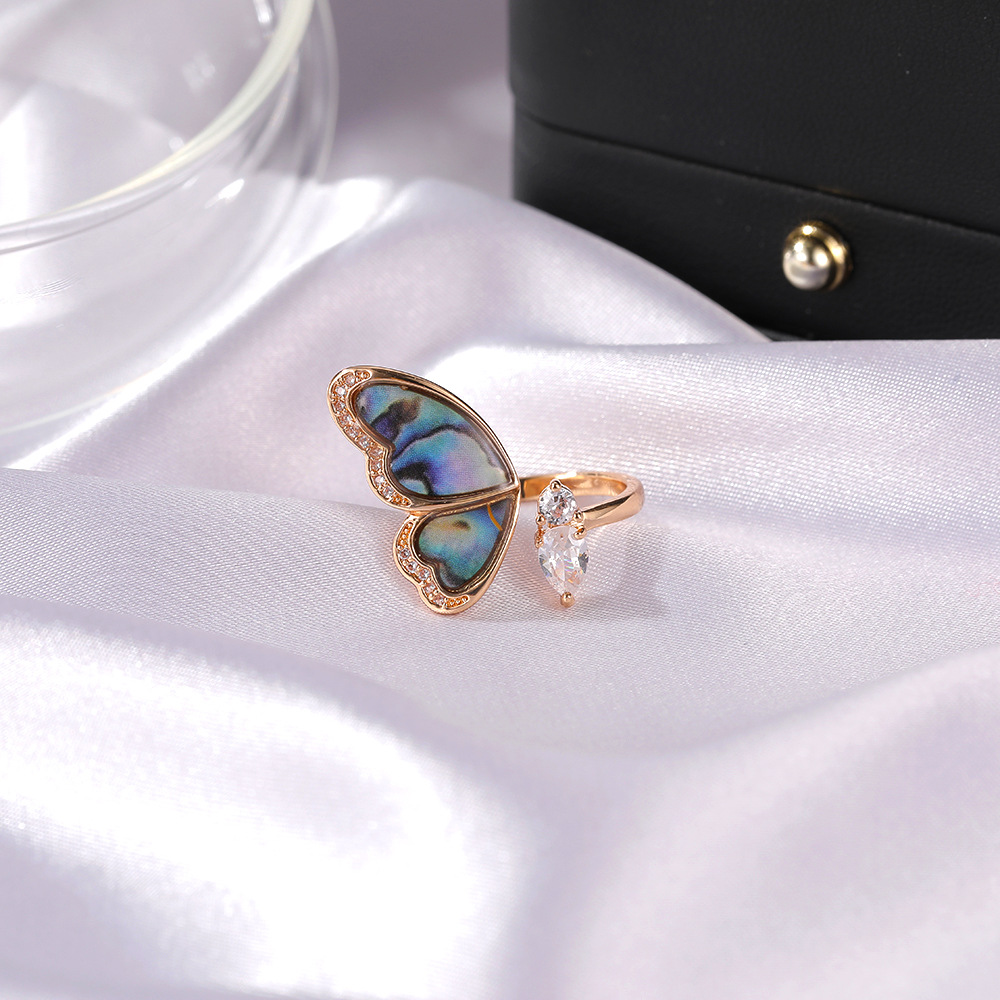 New Fantasy Seashell Wings Colorful Butterfly Micro-inlaid Zircon Copper Open Ring display picture 4