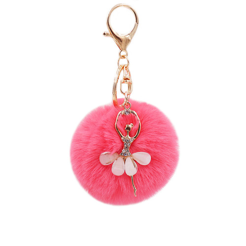 Creative cute rhinestone little angel car keychain imitation rex rabbit fur ball key chain ladies plush bag pendant