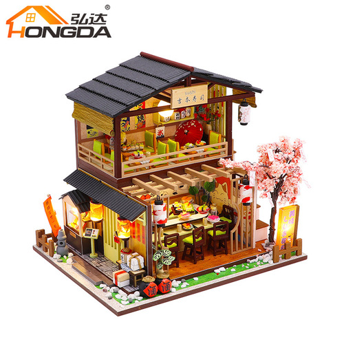 Hongda creative DIY cabin Yoshimoto sushi shop hand-assembled wooden building model villa birthday gift for women