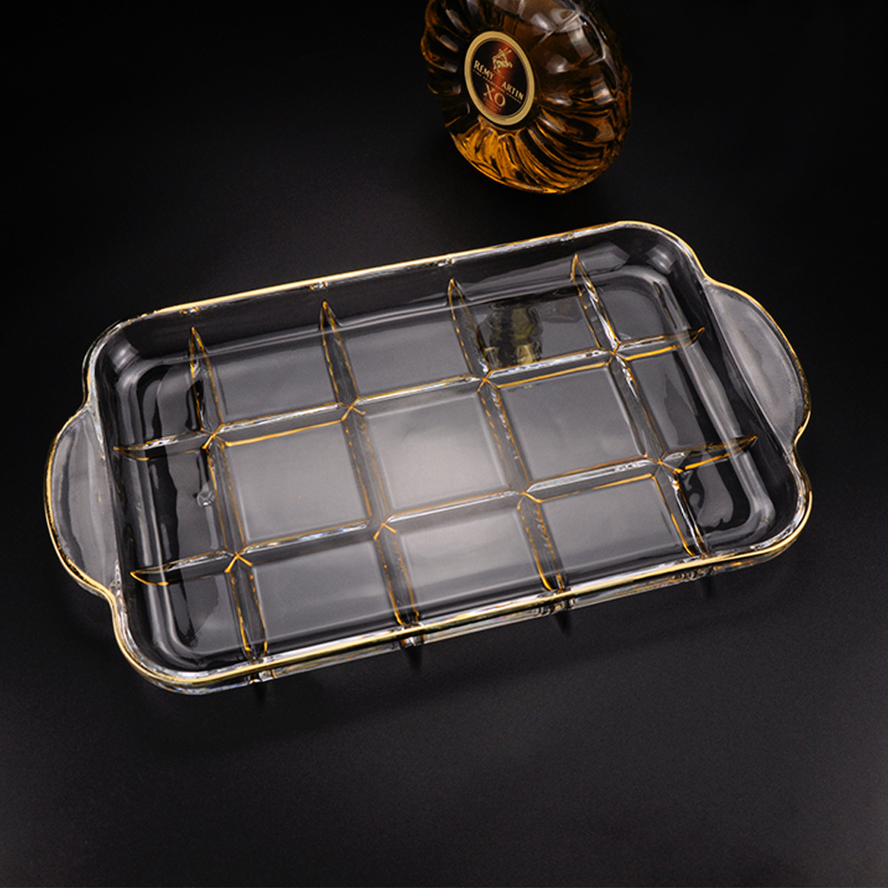 跨境大号水晶玻璃现代家居装饰托盘 欧式奢华描金茶几摆件干果盘