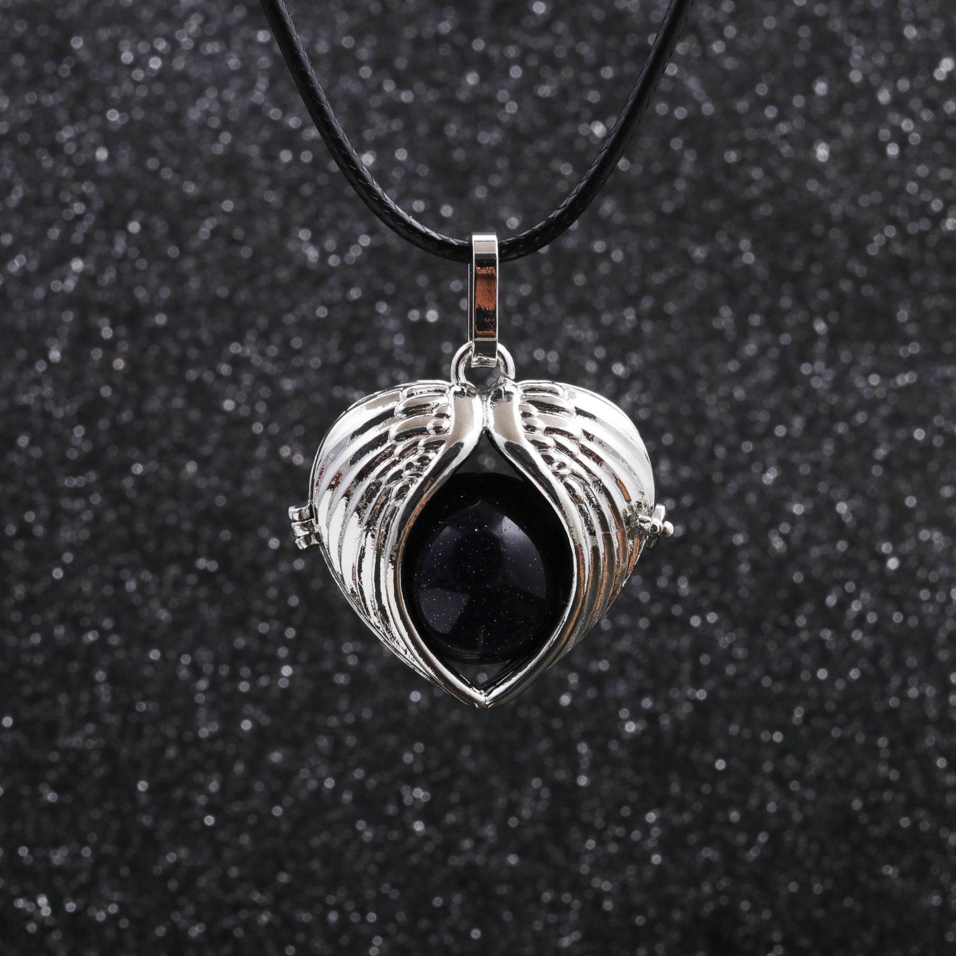 sweater chain stainless steel angel wings round bead pendant necklace