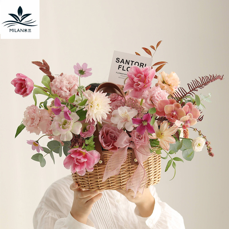 Creativo pastoral mano tejida a mano cesta de la flor cesta arreglo de flores ratán mimbre tejido cinturón mochila cesta al por mayor