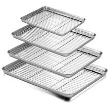 亞馬遜平底不銹鋼烤盤冷卻架套裝網格烘配線架304方盤多用烤箱盤