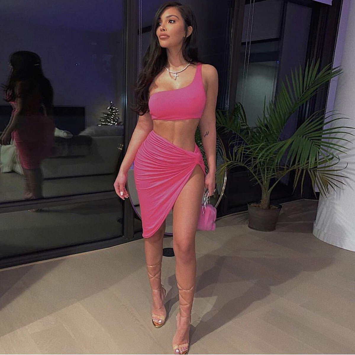 Spring Women's Two Piece Set Dress American Style One Shoulder Crop Top Sexy Casual Elegant Fashion Thin Suitable For Summer_ecoleips.com