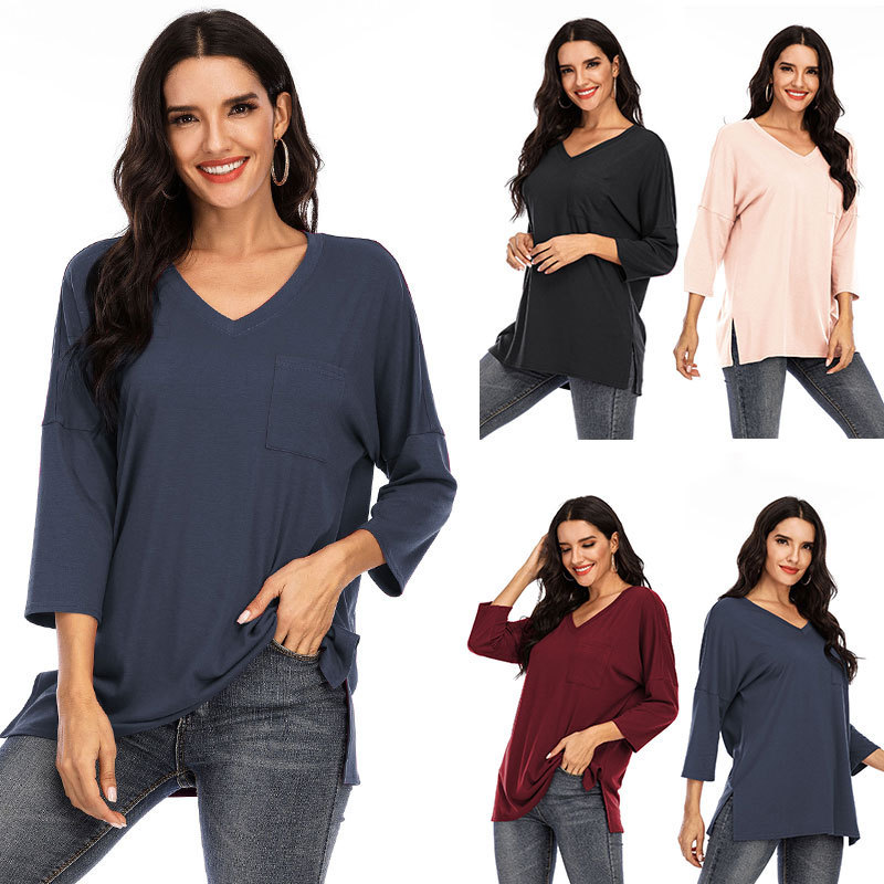 Amazon Explosions Cross-border Autumn and Winter European and American Women's Solid Color V-neck Seven-point Sleeve Pocket Loose Top T-shirt