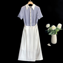 歐美高端精品女裝批發春夏撞色藍白條紋假兩件襯衫長裙氣質連衣裙