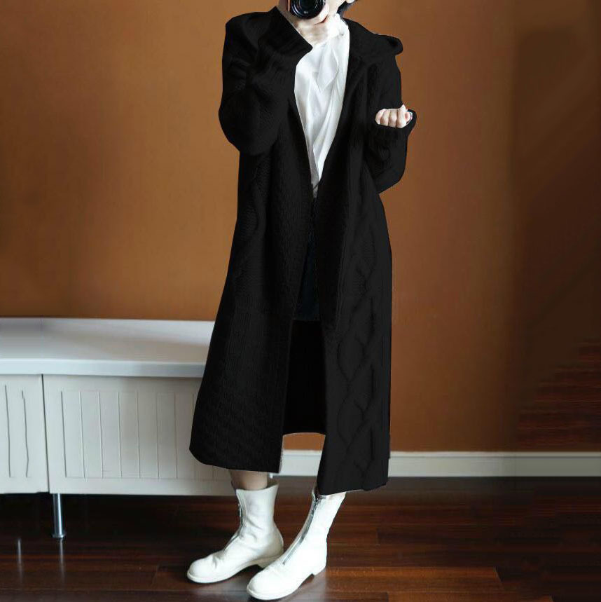 Transfronterizo 2023 estilo europeo y americano Otoño e Invierno de las mujeres con capucha gruesa de punto cardigan suelta más tamaño abrigo largo suéter para las mujeres
