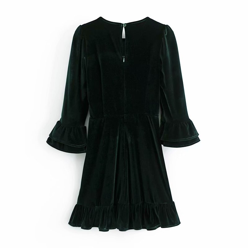 winter velvet ruffled dark green dress  NSAM17578