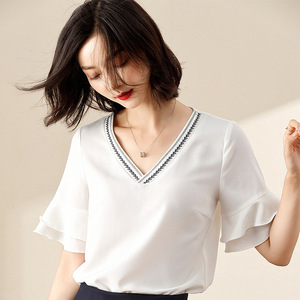 Korean loose and thin trumpet sleeve top embroidered chiffon blouse