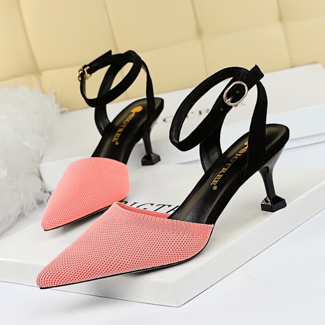 Korean fashion versatile women’s shoes with thin heel high-heeled wool color matching light mouth pointed hea