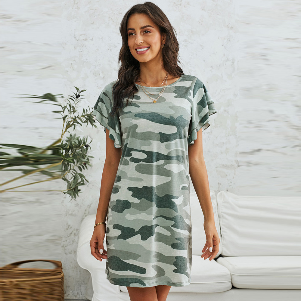 欧美宽松大码迷彩连衣裙女 2021夏季新款短袖圆领一字裙221230