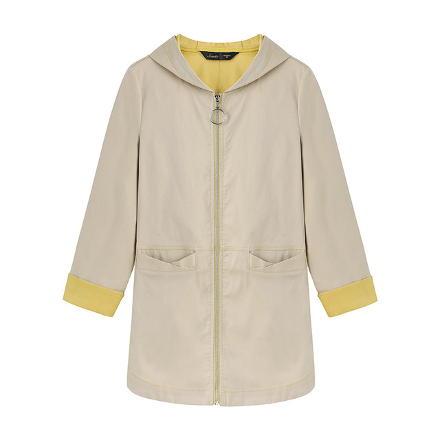 Spring and autumn thin loose hooded windbreaker women’s medium length British style waistband contrast coat