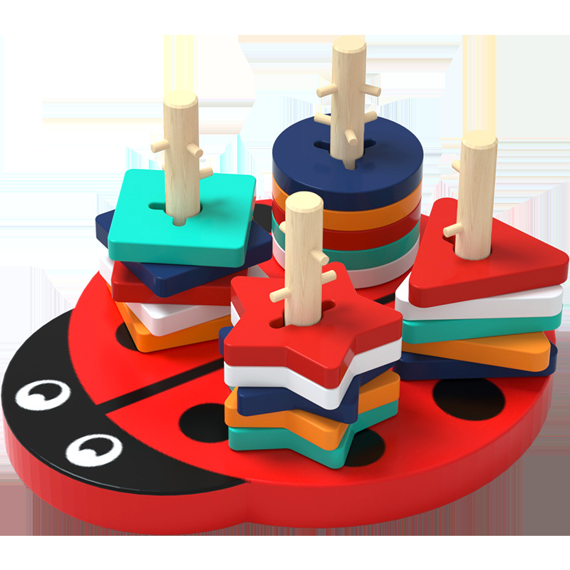 Montessori educación temprana ayuda didáctica bloques de construcción de columnas de cuatro conjuntos para niños forma geométrica educativa a juego escarabajo conjunto columna