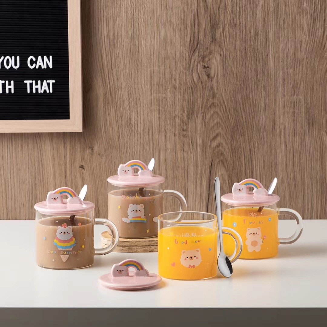 Lindo alpaca de dibujos animados de vidrio resistente a altas temperaturas taza de agua con tapa cuchara taza transparente regalo creativo taza de café