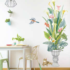 中式墙贴盆栽植物马蹄莲龟背竹猫咪飞鸟墙壁纸墙面上装饰客厅贴画