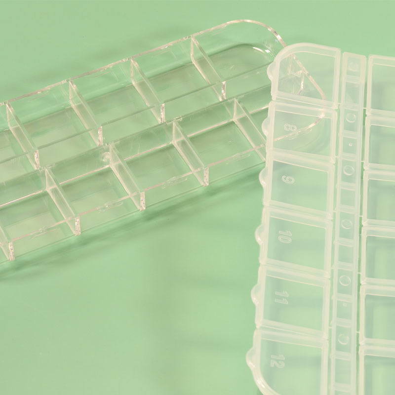 Fábrica al por mayor de uñas 12-rejilla larga caja de almacenamiento transparente acrílico joyería rhinestone caja de embalaje caja larga