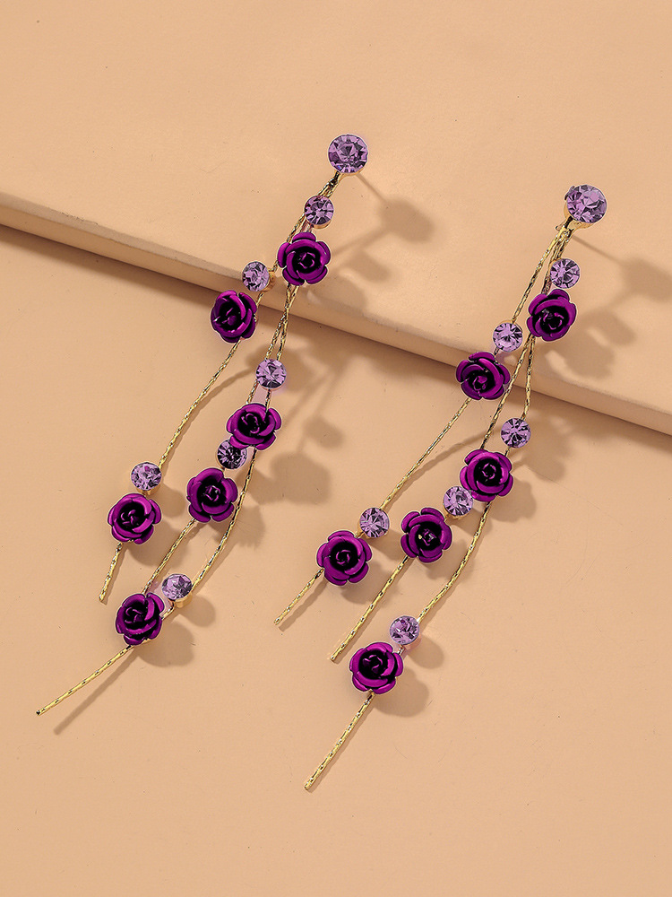 Purple Diamond Rose Long Earrings display picture 5