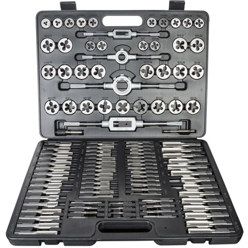 Complete set of tap and die set with 110 pieces, including taps, dies, tap wrench, and die holder