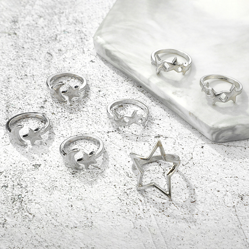 New Star Moon Ring 7 Piece Set Pentagram Open Joint Ring Set Wholesale display picture 7
