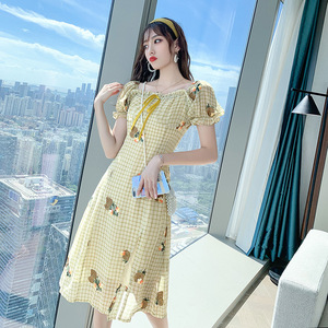 雪纺连衣裙夏2020新款女气质时尚一字肩复古改良旗袍开叉中长裙子