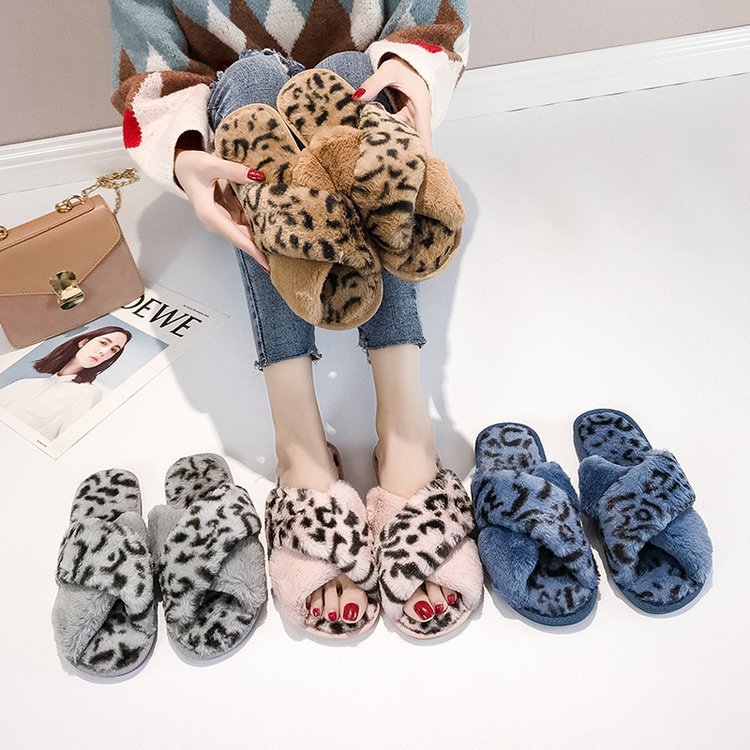 Net red leopard cross hairy slippers fem...