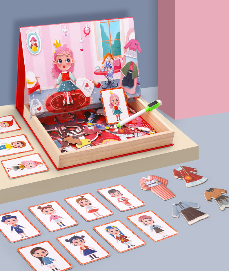 Rompecabezas para niños multifuncional Rompecabezas magnético de doble cara Rompecabezas de dibujos animados de niña de vestir Rompecabezas Tablero de dibujo Educación temprana Juguetes de madera