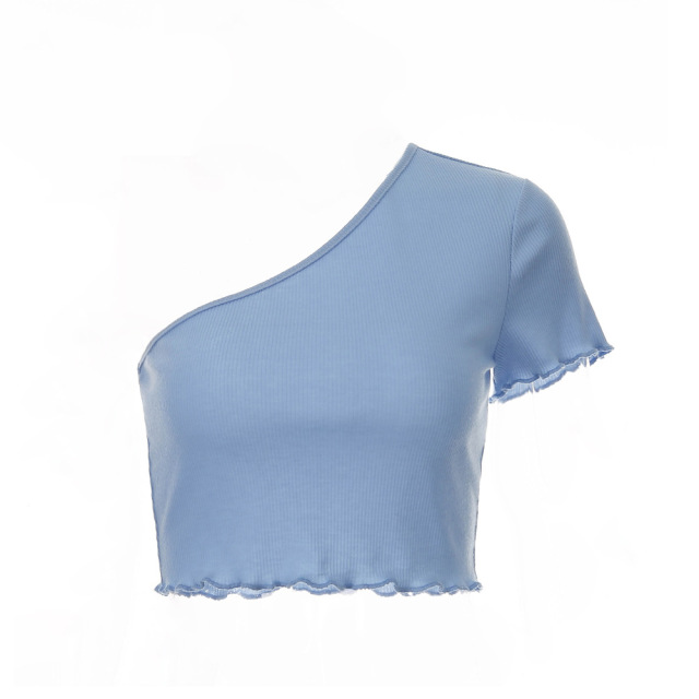 Sexy diagonal shoulder short sleeve top with exposed navel and ear edge