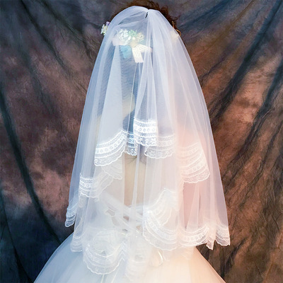 欧式白色短款简约超仙蕾丝花边婚礼肘长新娘头纱影楼1.5单层软纱