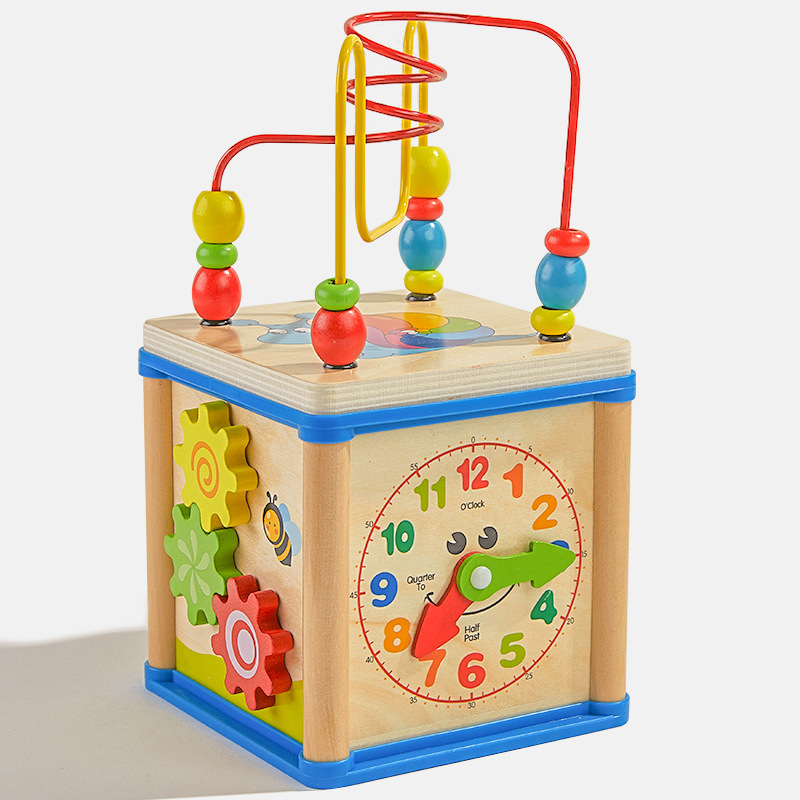早教儿童木质时钟多功能绕珠玩具百宝箱1-6岁四面智力游戏串珠盒