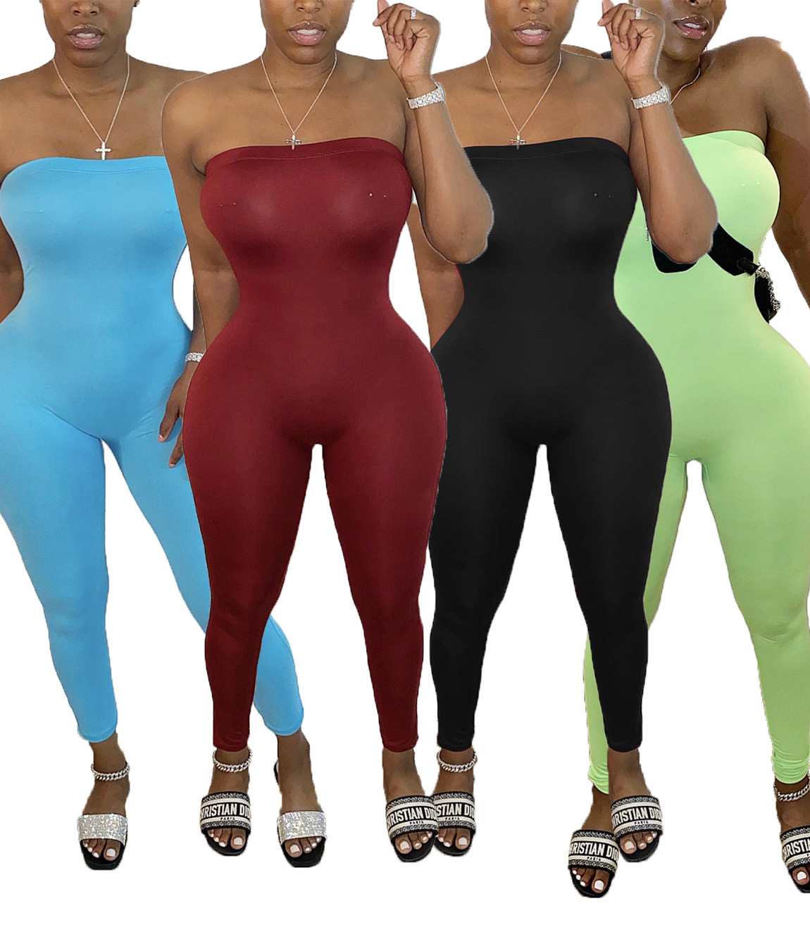 A5162 Cross-border European and American Women's Clothing Amazon Independent Station Explosions Fashion Casual Chest Wrap Tight Solid Color Jumpsuit