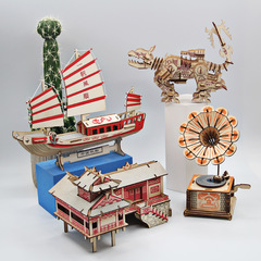 跨境DIY木質立體拼圖激光建築動物手工擺件兒童認知拼裝插玩具