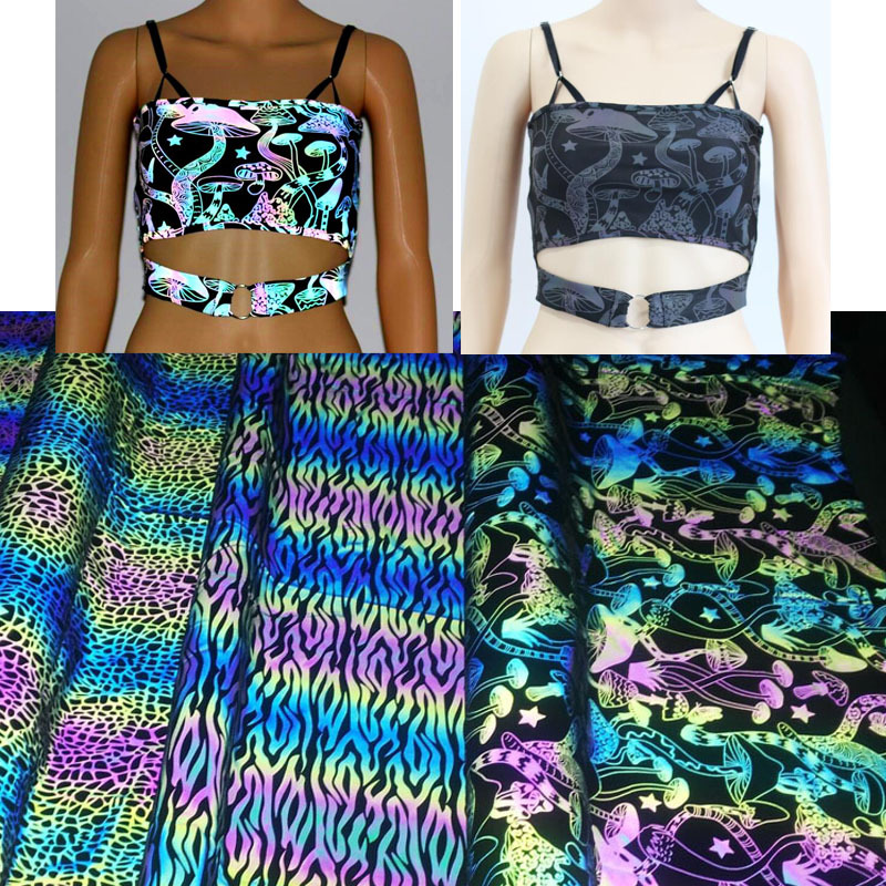 厂家供应女士吊带背心文胸用蘑菇印花四面弹力涤纶七彩炫彩反光布