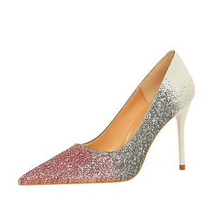 9219-35 Europe and sexy high heel with shallow mouth pointed color matching color gradient sequins high-heeled shoes wom