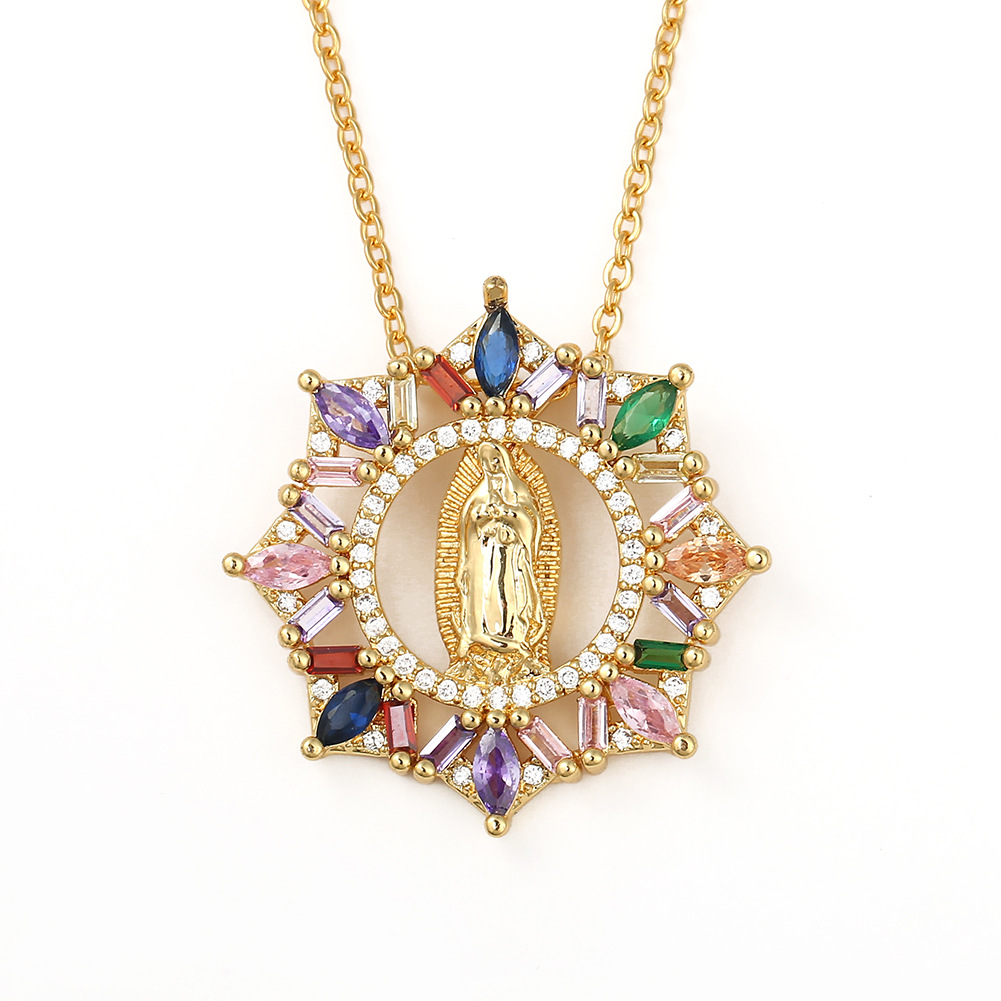 Copper Micro-inlaid Colored Zircon Virgin Mary Pendant Necklace display picture 6