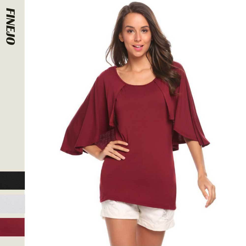 芬哲跨境亚马逊wish热卖大码T恤蝙蝠袖荷叶边披风休闲上衣