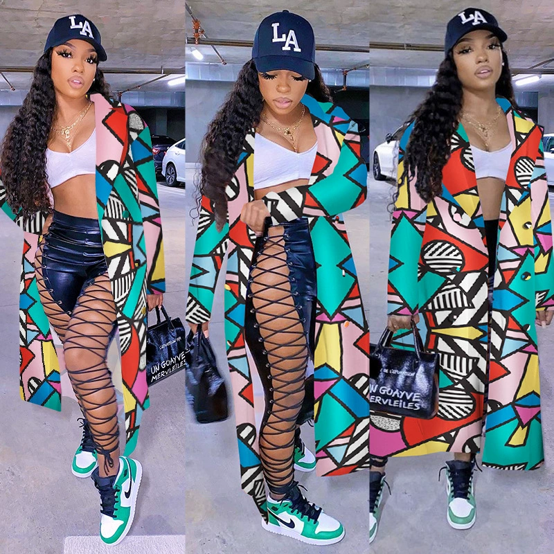 G8038 2020 европейский и американский осенний Новый геометрический цвет клетчатый Модный сексуальный повседневный костюм с воротником длинное пальто