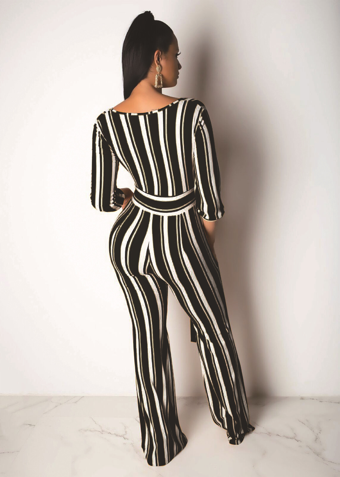 Striped Printed Wide-Leg Long Sleeve Jumpsuit NSMRF116733