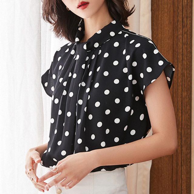 Polka Dot Chiffon Top Women’s bow short sleeve thin shirt Korean version