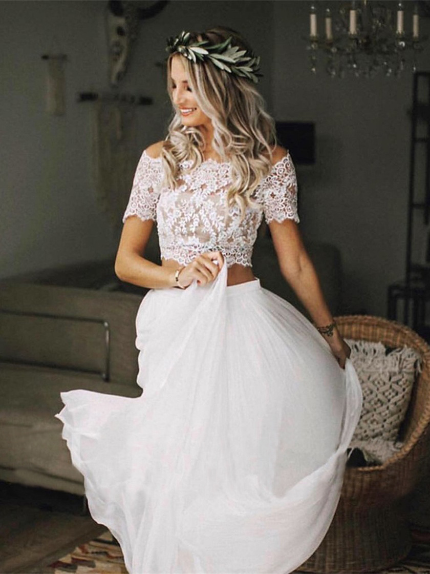 2025 New One-Shoulder Short-Sleeved Suit Slimming Look Lace Floor-Length Chiffon a Version Wedding Dress Travel Photography Gauze