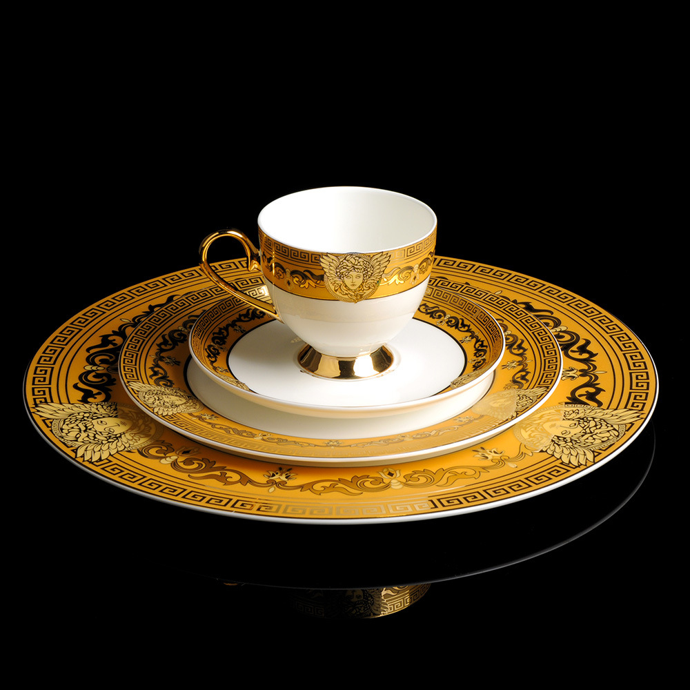 骨瓷餐具套装真金花纸茶杯碟子烟缸套装马克杯会议水杯带盖办公杯
