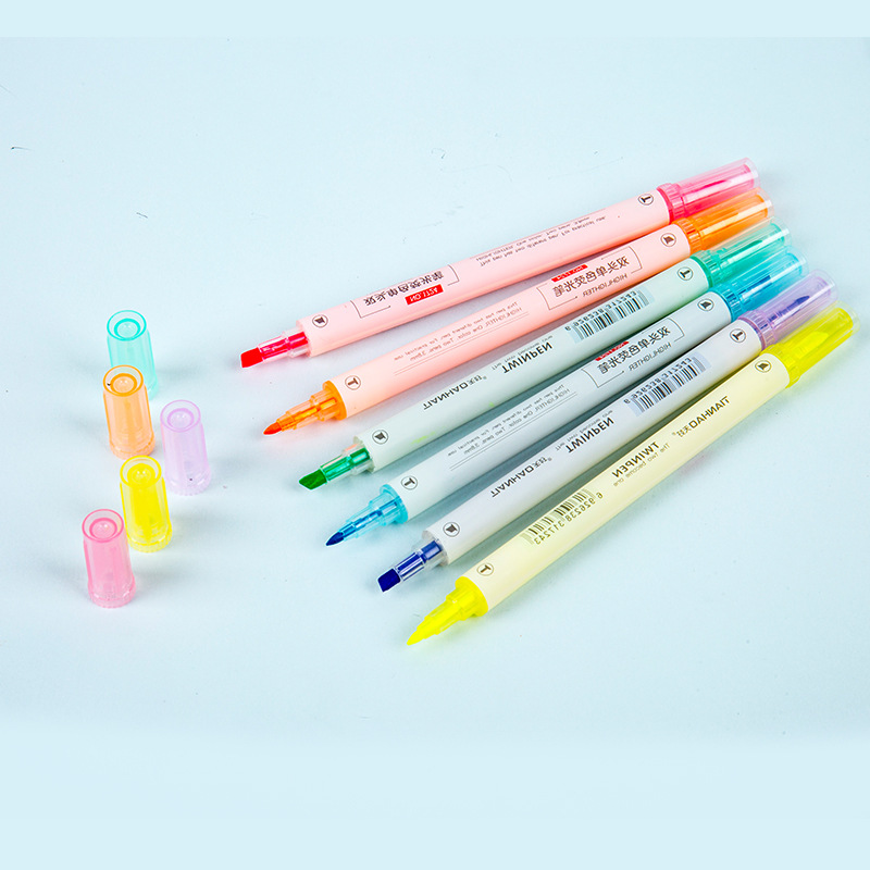 1724 de doble cabeza color resaltador estudiante DIY diario pluma 1PVC Bolsa 6 colores 6 piezas oblicuo cabeza redonda marcador pluma
