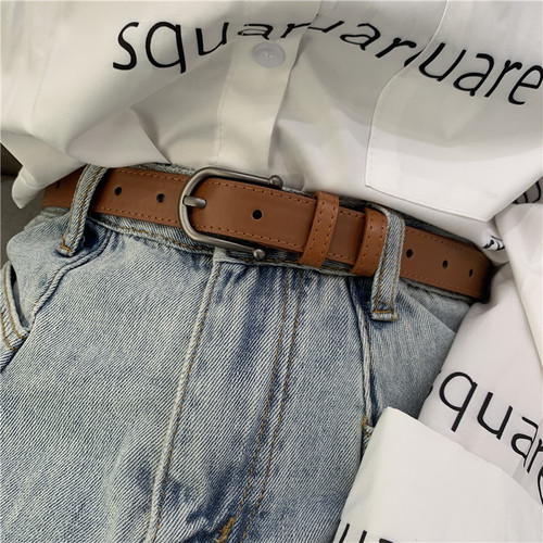 Belt female side buckle black Korean retro style belt student thin trouser belt simple and versatile bf style
