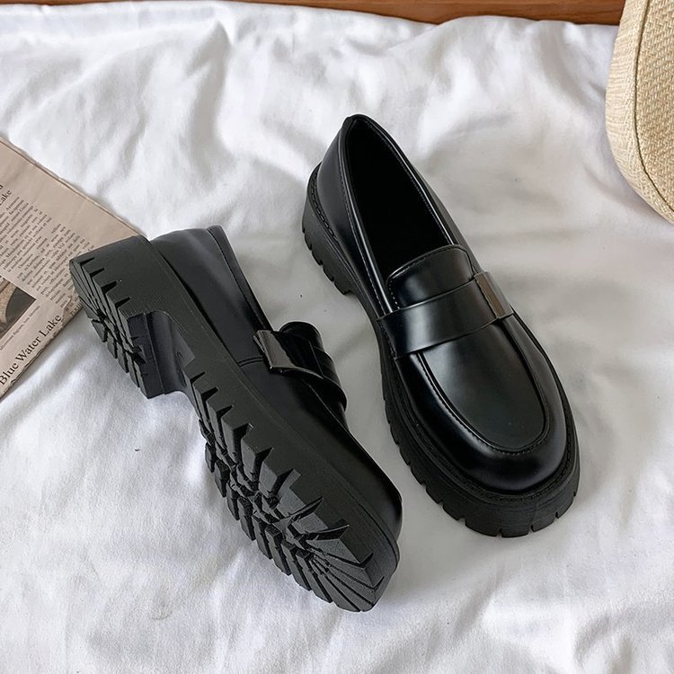 New Spring And Autumn Women's Casual Shoes British Style Small Leather Shoes Women's Round Toe Set Feet Sponge Cake Thick-soled Student Shoes