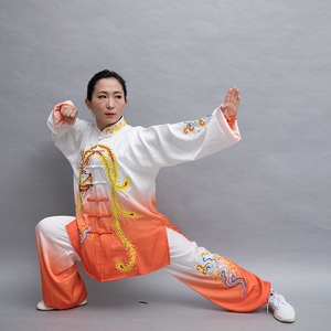 Tai chi clothing chinese kung fu uniforms gradually embroidered Taifu orange transition training Costume Taiquan performance Costume