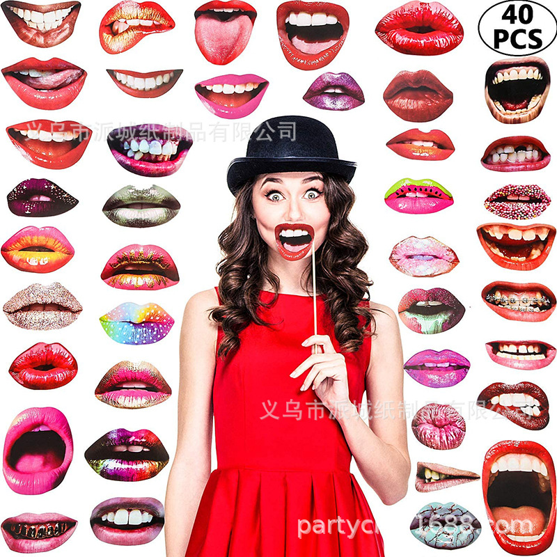 Tipo de boca divertido conjunto de 20 piezas accesorios de la foto múltiples labios en forma de boca dientes dorados apoyos de boca